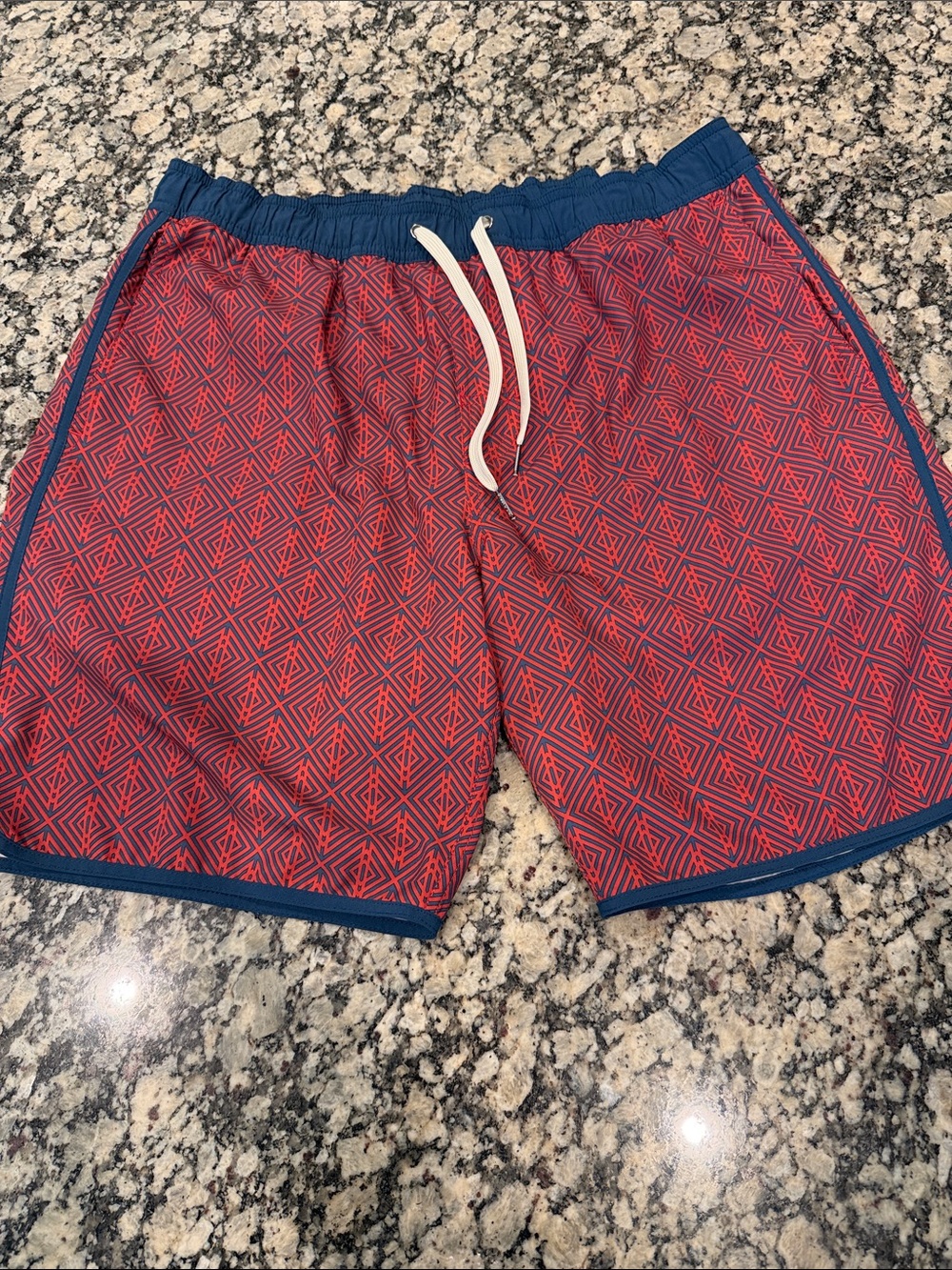 Fair Harbor Red Geometric Swim Trunks with Navy Waist
